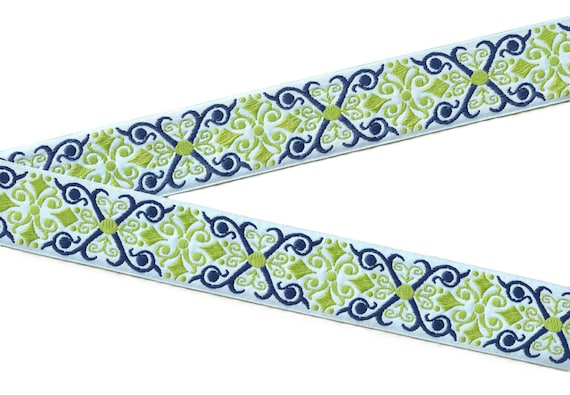 GEOMETRIC H-09-H Jacquard Ribbon Poly Trim 1-1/2" wide (38mm) Blue w/Navy & Peridot Green