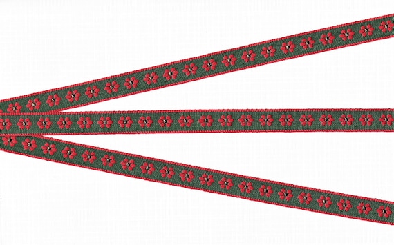 HOLIDAY B-17-A Jacquard Ribbon Poly Trim 1/2" wide (13mm) VINTAGE Green w/Red Flowers Metallic Gold Accents