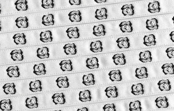 FLORAL A-06-A Jacquard Ribbon Poly Trim 3/8" wide (9mm) Made in France, Ivory w/Petite Black, White & Grey Roses Victorian Style