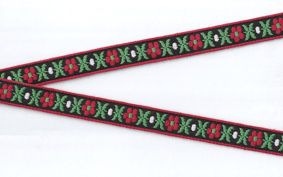 FLORAL C-36-B Jacquard Ribbon Cotton Trim 5/8" wide (16mm) VINTAGE Black w/Red Flowers, Green Leaves