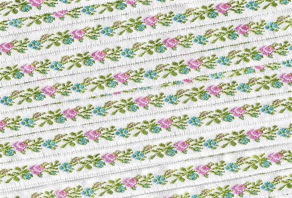 FLORAL A-08-J Jacquard Ribbon Poly Woven Trim 7/16" wide Off-White Background w/Petite Pink & Turq Flowers, Olive Green Leaves