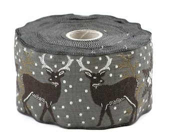 Ruban jacquard KAFKA K-07/03, bordure en coton biologique de 2 po. de large (50 mm) Gris/brun avec renne, bois blancs