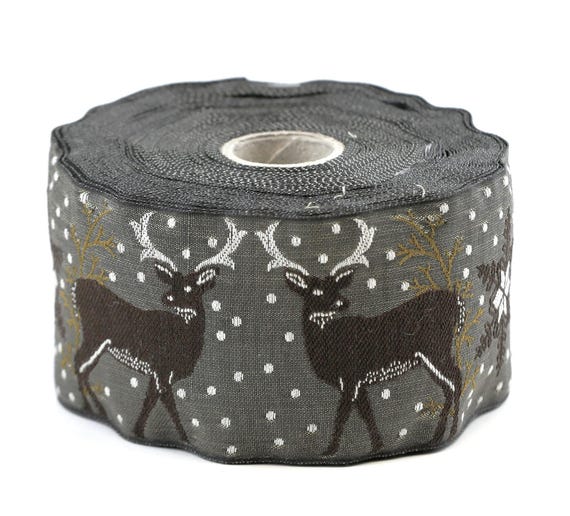 KAFKA K-07/03 Jacquard Ribbon Woven Organic Cotton Trim 2" wide (50mm) Gray/Brown Background w/Brown Reindeer, White Antlers & Snow Drops