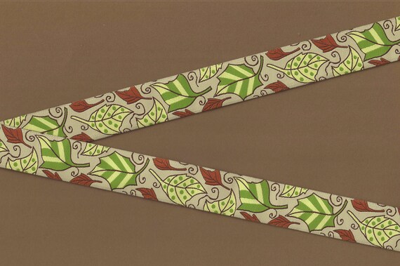 FLORAL G-94-A Jacquard Ribbon Poly Trim 1-1/8" wide (28mm) D. Paquette "FALL" Beige Background w/Brown, Green/Brown/Lime Leaves, REMNANTS