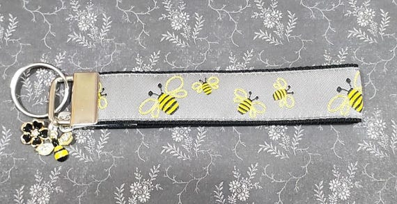 Jacquard Ribbon/Nylon Web 1" wide (25mm) Key Fobs - BUSY BEES w/Charms, Keychain, Wristlet, Zipper Pulls, Luggage Tags 5.5" long