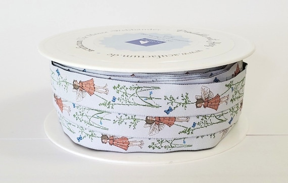 DANIELA DRESCHER Children Jacquard Ribbon Woven Trim 5/8" wide (16mm) From Germany White Background w/Peach Dressed Elves & Tall Grasses