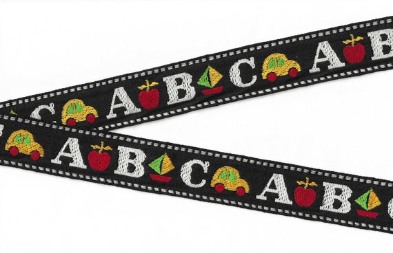 CHILDREN's F-03-G Jacquard Ribbon Cotton Woven Trim, 1" Wide (25mm) Black w/Large ABC Pattern in White, Red, Green & Yellow