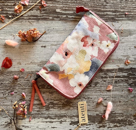 ATENTI Handmade Bags "LILLIAN" Peach Pastel Floral, Needle, Hooks & Tool Zippered Case, Art Supplies, Make Up Brushes, Pencil/Pens, USA Made