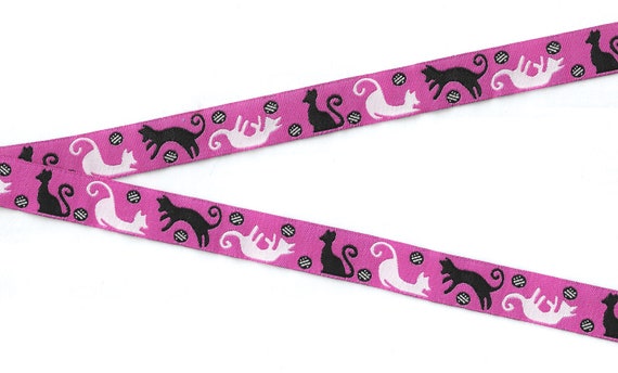 ANIMALS/Cats C-01-A Jacquard Ribbon Poly Trim 5/8" Wide (16mm) Bright Pink Background w/Black & White Jumping Playing Cats