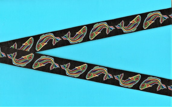 RDS E-22-B Jacquard Ribbon Polyester Trim, 7/8" Wide (22mm) Black Background Rainbow Fish & Metallic Silver Accents, Per Yard
