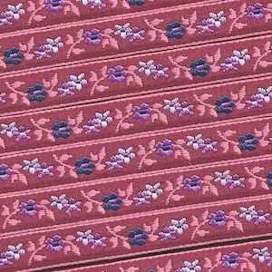 FLORAL B-20-J Jacquard Ribbon Polyester Trim 1/2&quot; wide (13mm) Burgundy (Pink Borders) Lilac/Purple Edelweiss Flowers, Green Leaves