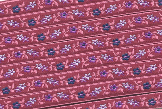FLORAL B-20-J Jacquard Ribbon Polyester Trim 1/2" wide (13mm) Burgundy (Pink Borders) Lilac/Purple Edelweiss Flowers, Green Leaves