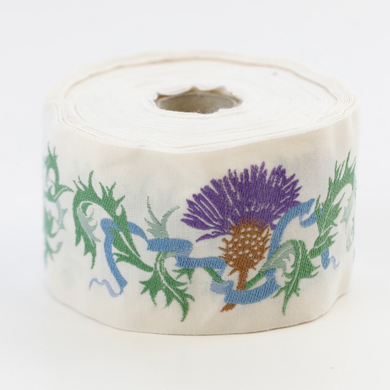 KAFKA K-01/02 Jacquard Ribbon Woven Organic Cotton Trim 2" wide (50mm) Ivory w/Purple Thistles, Sky Blue Ribbons, Bright Green Leaves