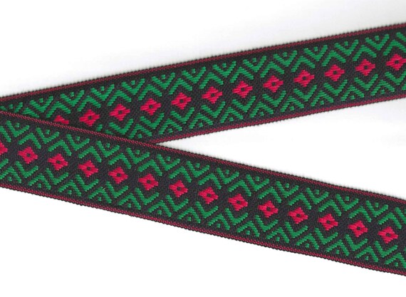 HOLIDAY J-03-A Jacquard Ribbon Cotton Trim 1-7/8" wide (48mm) VINTAGE, Black Background w/Red & Green Arrow Design, Per Yard