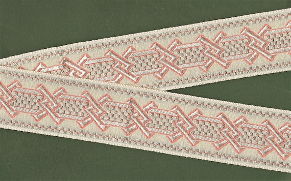 GEOMETRIC J-08-A Jacquard Ribbon Woven Trim 1-3/4" wide (44mm) VINTAGE Ecru Background w/Coral, Silver Gray, Sage Green Art Deco, Per Yard