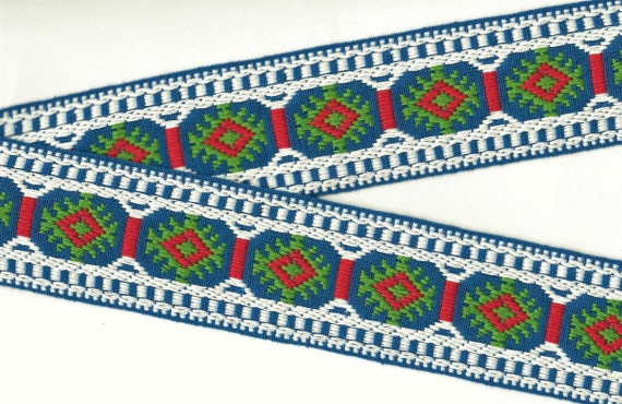 NATIVE AMERICAN K-14-A Jacquard Ribbon Cotton Trim, 2" Wide (50mm) Blue Background White Borders Green & Red Diamond Native Design, Per Yard