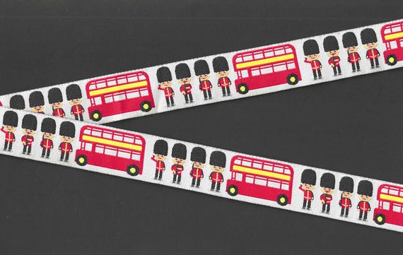 CHILDREN's F-09-A Jacquard Ribbon Polyester Trim 1" wide (25mm) White w/London Tower Guards (Beefeaters) & Red Double Decker Buses