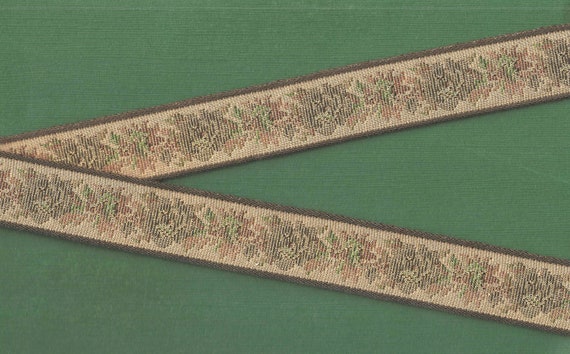 FLORAL TAPESTRY F-20-C Jacquard Ribbon Poly/Cotton Trim 1" Wide (25mm) Taupe w/Brown & Tan Flowers, Gold Metallic Accents, Per Yard
