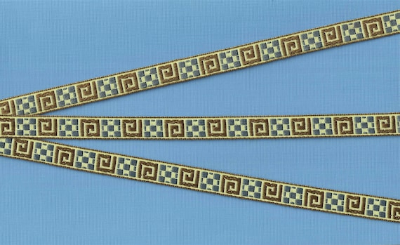 GEOMETRIC B-01-B Jacquard Ribbon Poly Trim, 1/2" Wide (13mm) Warm Tones of Blue, Beige & Brown Check/Greek Key Design, Per Yard