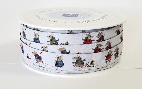 DANIELA DRESCHER Animals Jacquard Ribbon Woven Trim 5/8" wide (16mm) From Germany, White Background "Winter Mice" in Blue, Red & Green
