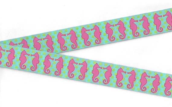 ANIMALS/Water G-23-A Jacquard Ribbon Poly Trim 1-1/8" wide (28mm) Aqua w/Hot Pink Seahorses