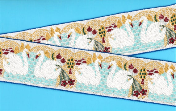 ANIMALS/Birds K-05-A Jacquard Ribbon Rayon Trim 2" wide (50mm) VINTAGE Pair of Swans on Aqua Water w/Gold & Burgundy Trees/Flowers