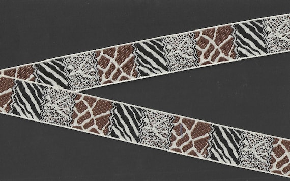 GEOMETRIC G-36-A Jacquard Ribbon Cotton Trim 1-1/8" wide (28mm) Vintage, Block Design of Animal Prints in Ivory, Brown & Black