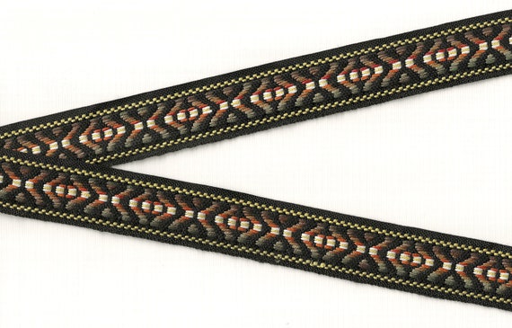 NATIVE AMERICAN F-29-G Jacquard Ribbon Cotton Trim 1" Wide (25mm) REVERSIBLE Black w/Shades of Brown, Rust, Taupe & White, Per Yard