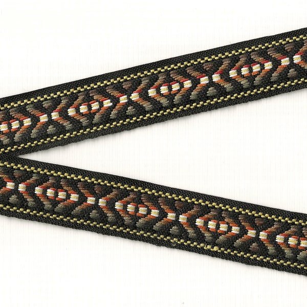 NATIVE AMERICAN F-29-G Jacquard Ribbon Cotton Trim 1" Wide (25mm) REVERSIBLE Black w/Shades of Brown, Rust, Taupe & White, Per Yard