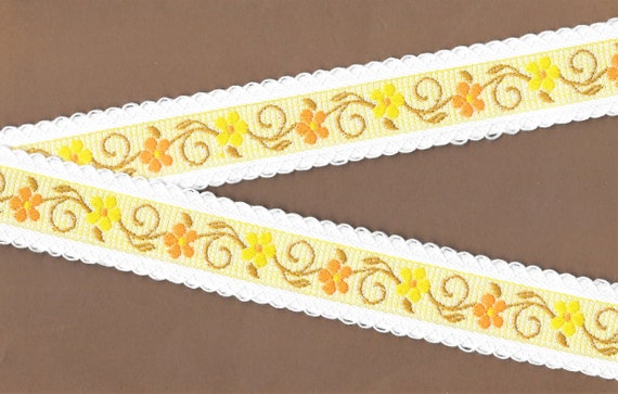 FLORAL G-35-A Jacquard Ribbon Cotton Trim, 1-3/8" Wide (34mm) VINTAGE, White w/Orange & Yellow Flowers, Brown Leaves, Picot Edge, Per Yard