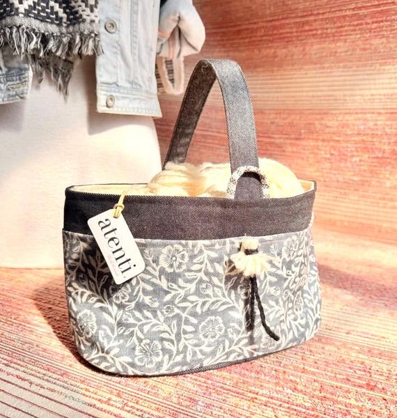 ATENTI "RHAPSODY" Blue-Gray Floral & Vine, 8-Pocket Short Bucket Organizer, Needle Arts/Knitting Bag, Handmade USA