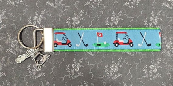 Jacquard Ribbon/Nylon Web 1" wide (25mm) Key Fobs, Blue w/Golf Carts & Charms, Keychain, Wristlet, Luggage Tags 5.5" long, Zipper Pulls