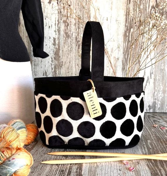 ATENTI Handmade Bags "Spot On Night" Tapestry Velvet Black Polka Dots, 8-Pocket Short Bucket Organizer, Needle Arts/Knitting Bag, USA Made