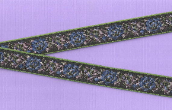 FLORAL TAPESTRY F-20-E Jacquard Ribbon Poly/Cotton Trim 1" wide (22mm) Black w/Purple & Pink Flowers, Gold Metallic Accents