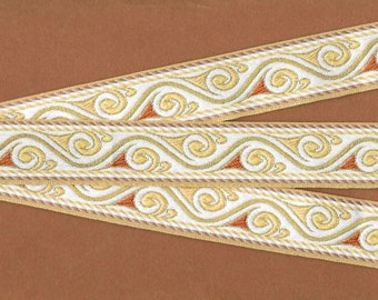 METALLIC G-10-A Jacquard Ribbon Trim, Rayon, 1-1/4" Wide, Ivory Background w/Tan, Beige, Rust and Gold Accents Scrolls, Per Yard