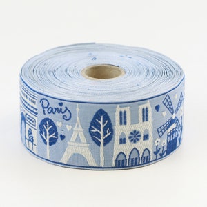 KAFKA H-17/05 Jacquardlint geweven biologisch katoenen rand, 1+9/16" breed (40 mm) PARIS-collectie - Skyline in wit, blauw en lichtblauw