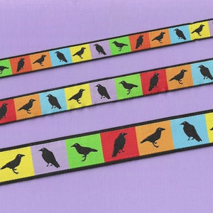 ANIMAIS/Pássaros RDS 21-B Jacquard Ribbon Poly Trim, "Summer Ravens" Padrão de blocos multicoloridos brilhantes, opções de largura/comprimento