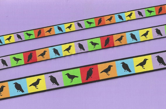 RDS 21-B Jacquard Ribbon Poly Trim "Summer Ravens" Bright Multi-Color Block Pattern with Black Ravens, Width/Length Options