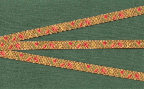 NOVELTY/Leaves B-01-A Jacquard Ribbon Poly Trim, 1/2" wide (13mm) Autumn Leaves on Golden Brown Checkerboard Design