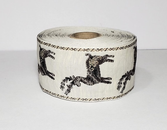 KAFKA H-14/02 Jacquard Ribbon Woven Organic Cotton Trim 1-1/2" wide (38mm) Ivory Background w/Reindeer & Metallic Gold Accents