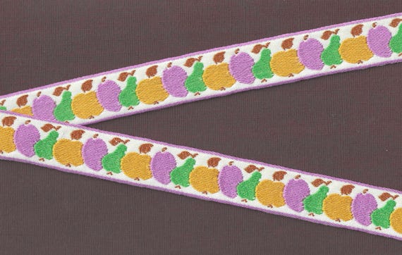 NOVELTY/Fruit F-04-B Jacquard Ribbon Cotton Trim 1" wide (25mm) VINTAGE, Ivory Background w/Yellow Apples, Green Pears & Purple Plums