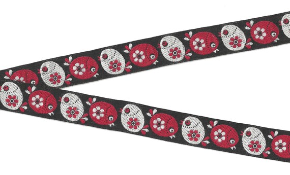 ANIMALS/Farm E-20-A Jacquard Ribbon Woven Cotton Trim 7/8" wide (22mm) VINTAGE Black w/Red & White Folk Art Oval Floral "Chicks"