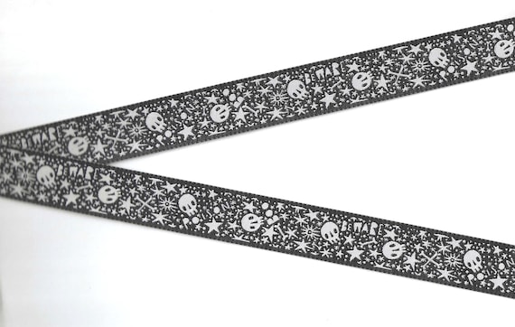 HALLOWEEN E-08-A Jacquard Ribbon Poly Trim 7/8" wide (22mm) REVERSIBLE Witchy Ways-Skully by Cori Dantini