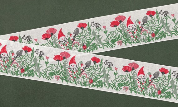 KAFKA H-08-A Jacquard Ribbon Cotton Trim, 1-5/8" wide (42mm) From Germany, Garden Gnomes w/Shovels, Red Poppies & Greenery, Per Yard