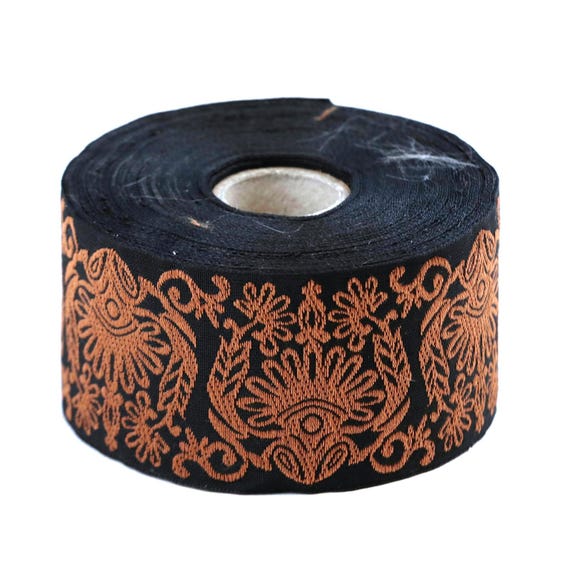 KAFKA H-20/16 Jacquard Ribbon Woven Organic Cotton Trim 1+5/8" wide (41mm) Beautiful "Lace" Pattern in Copper Brown on Black Background