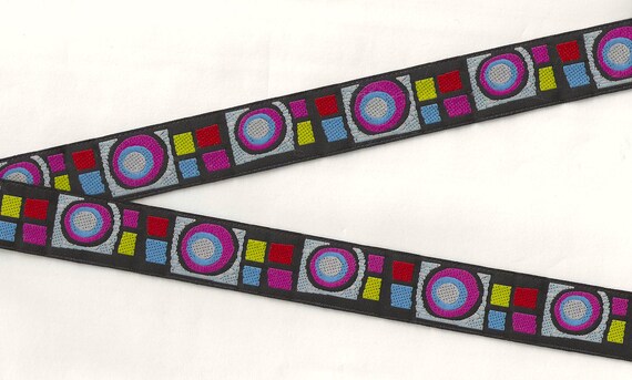 GEOMETRIC E-54-A Jacquard Ribbon Polyester Trim 7/8" wide (22mm) Black Border w/Mod Retro Design in Red/Purple/Blue/Yellow/Green