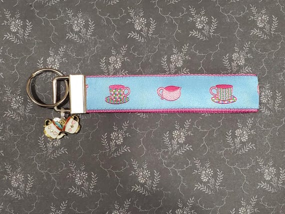 Jacquard Ribbon/Nylon Web 1" wide (25mm) Key Fobs, Blue w/Pink Tea Cups, Charms, Keychain, Wristlet, Luggage Tags 5.5" long, Zipper Pulls