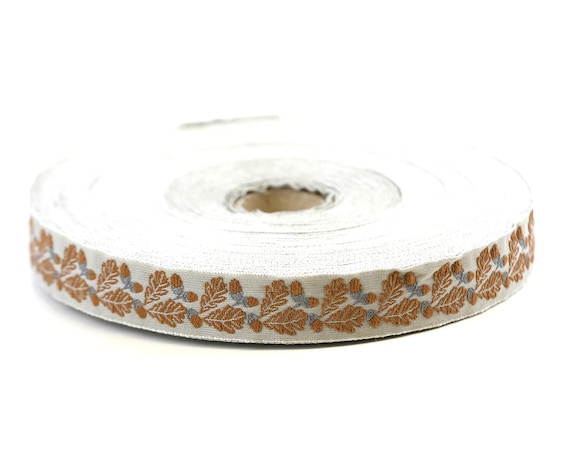 KAFKA C-04/06 Jacquard Ribbon Organic Cotton Trim 5/8" wide (16mm) Beige w/Gold Oak Leaves & Gray Acorns