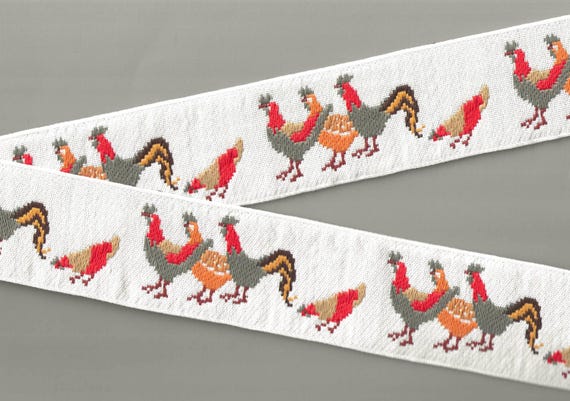 ANIMALS/Farm K-01-A Jacquard Ribbon Cotton Tapestry Trim 2" wide (50mm) VINTAGE, Made in Germany, White Background w/Rooster Trio & Hen