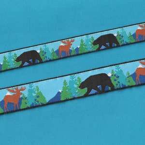 TIERE / Wildtiere RDS 19-C Jacquardband Polyesterbesatz, Schwarzbären Braune Elche w / Berge & Bäume, Breite / Länge wählen